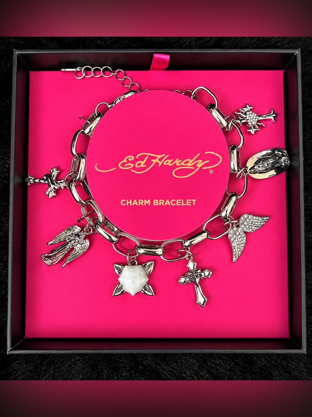 Ed Hardy Silver Charm Bracelet with Crystal Star and Cross Charms